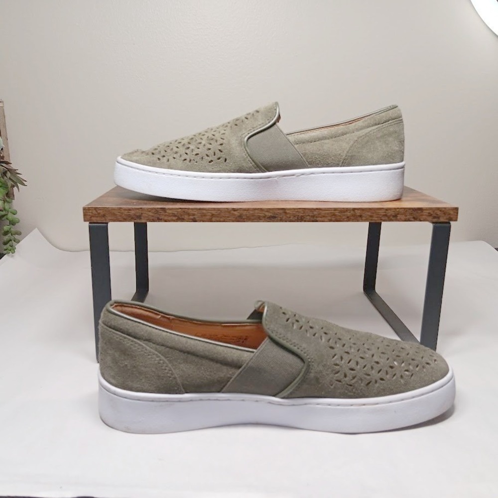 Vionic Slip On Sneakers Kani Womens 9 Olive Green Suede Perforated Floral Good - Picture 3 of 11